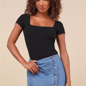 Lulus Black Ribbed Square Neck Bodysuit Minimalist